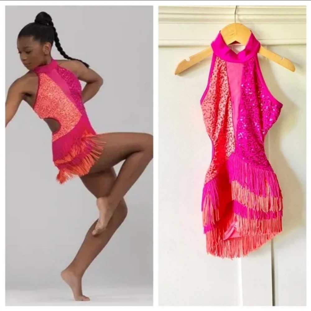 Weissman Hot Pink and Orange Sequin Fringe Dance Costume